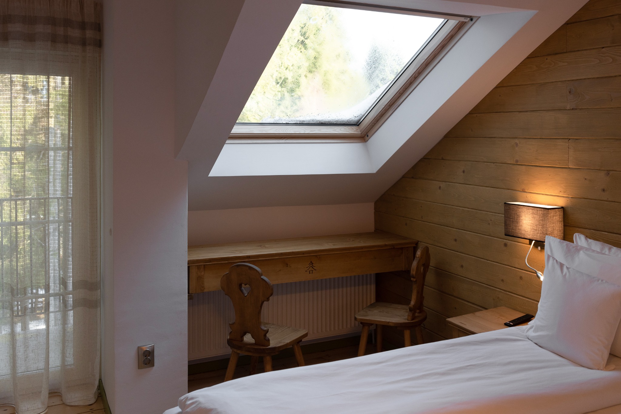 Bedroom with a skylight and a wooden desk